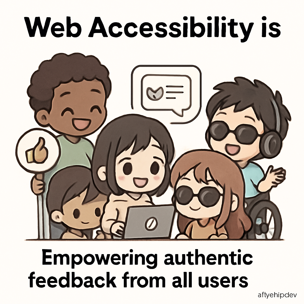 Chibi workshop leaders facilitating accessibility training with diverse users, symbolizing inclusive user testing and authentic feedback in a cute, engaging cartoon.