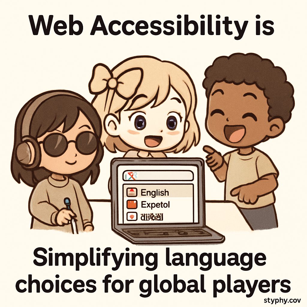 Chibi game developers using AllyStudio.dev to create accessible multilingual games, making language selection easy and reducing cognitive load for all players.