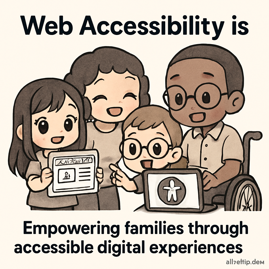 Chibi-style families enjoying accessible digital entertainment together, with clear and easy-to-understand interfaces symbolizing inclusive design education.