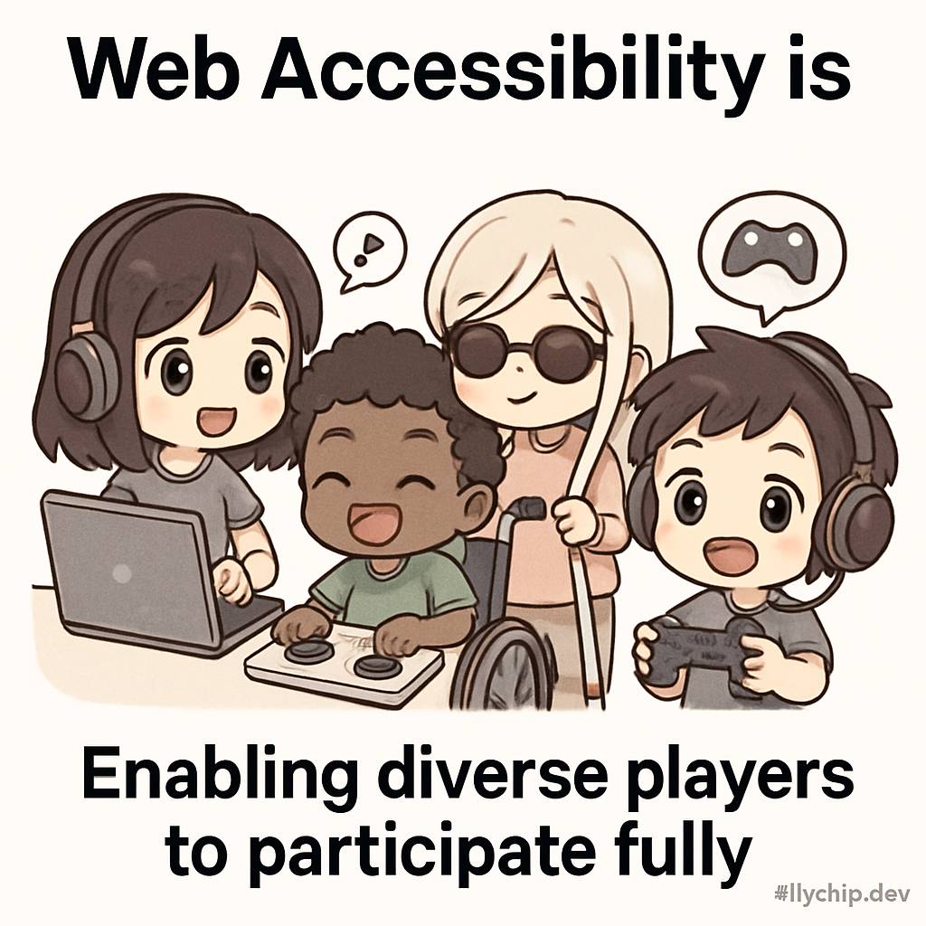 Chibi-style cartoon of diverse sports fans enjoying a game using assistive tech, sign language, and adaptive controllers to highlight accessible gaming.
