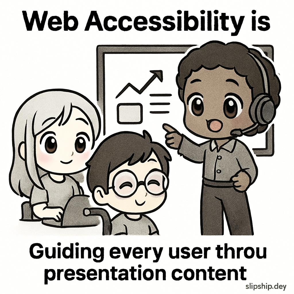 Cute chibi tech reviewers evaluating a digital presentation, demonstrating clear navigation and accessible design principles for inclusive presentations.