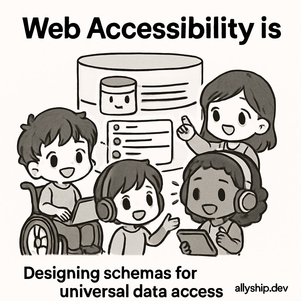 Chibi-style consultants use colorful blocks to build a simplified, inclusive database schema, illustrating accessible design and universal data access.