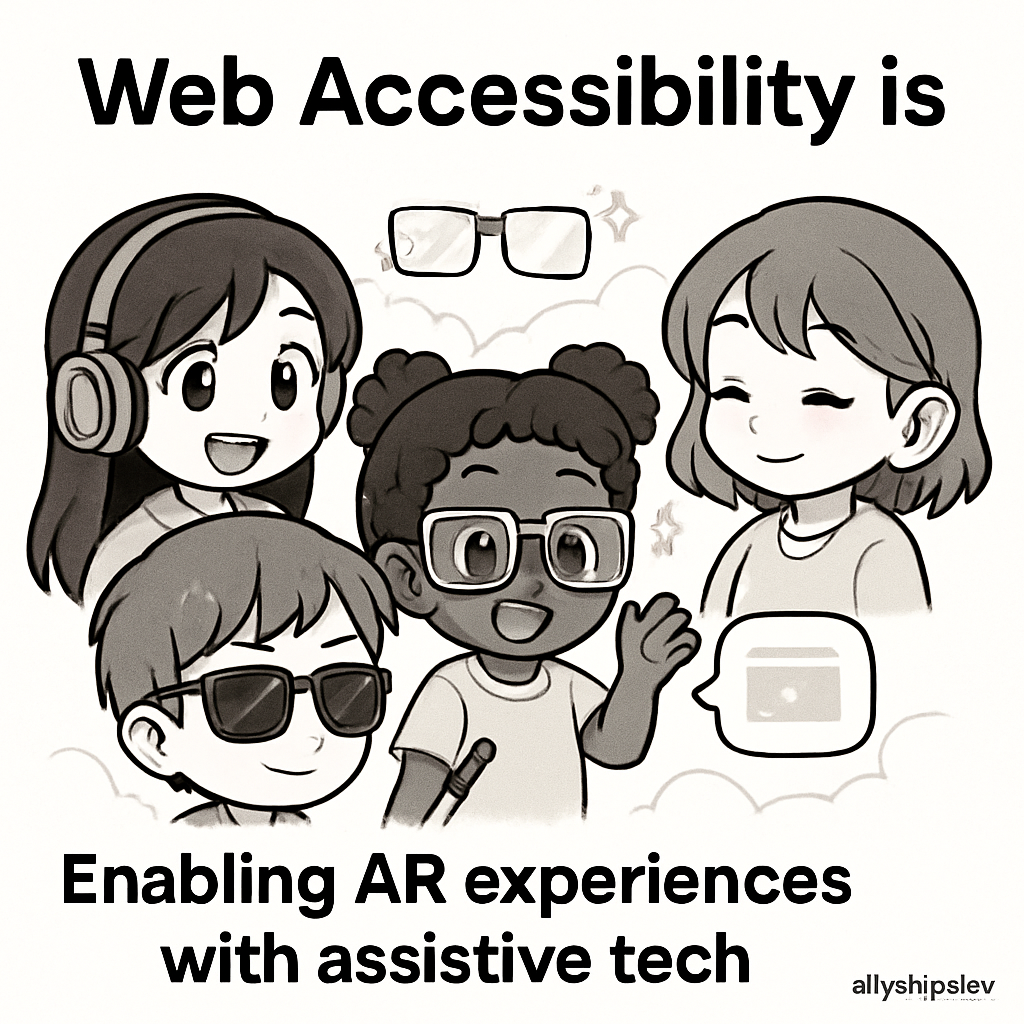 Chibi cartoon of UX researchers and diverse users testing AR experiences with assistive devices like screen readers and smart canes, showing accessible design in action.