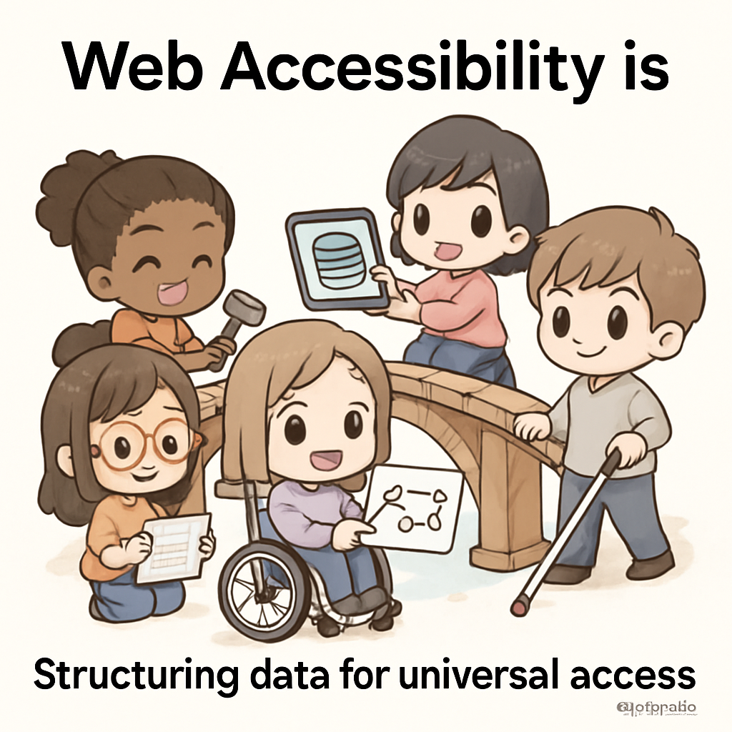 Chibi business leaders collaborate to build accessible bridges, visually representing inclusive database design and universal access, with accessibility features clearly highlighted.