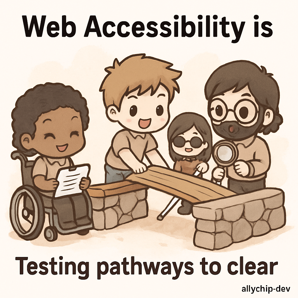 Chibi cartoon testers construct an accessible bridge, sharing feedback and writing clear documentation, visually representing accessible pathways and inclusive design.