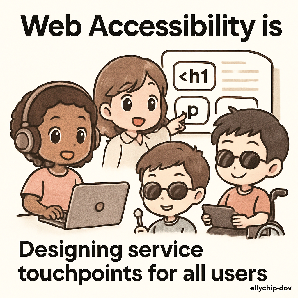 Chibi-style cartoon speakers present about inclusion, connecting semantic HTML pieces—header, nav, main—to demonstrate accessible customer service for all users.
