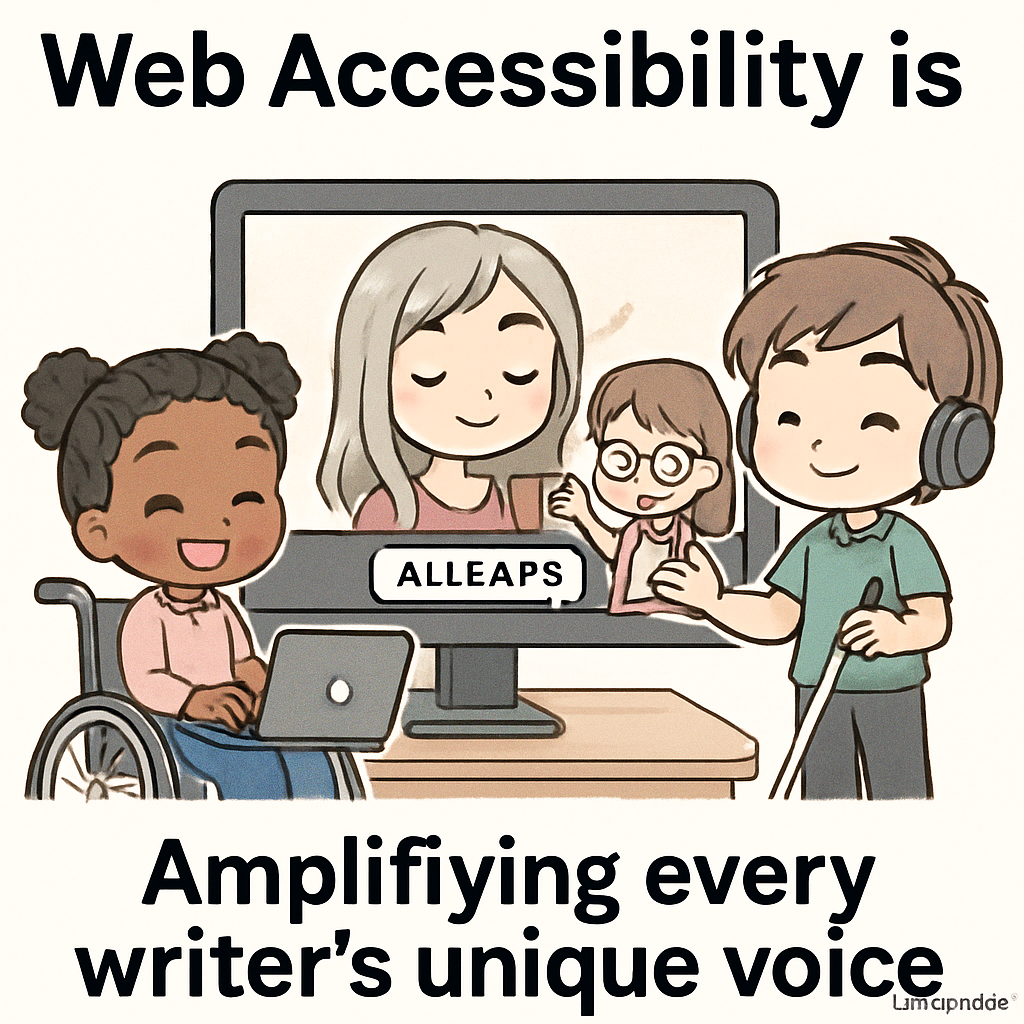 Chibi-style cartoon writers with diverse abilities add captions to a silent video, symbolizing disability inclusion and accessibility in the workplace.