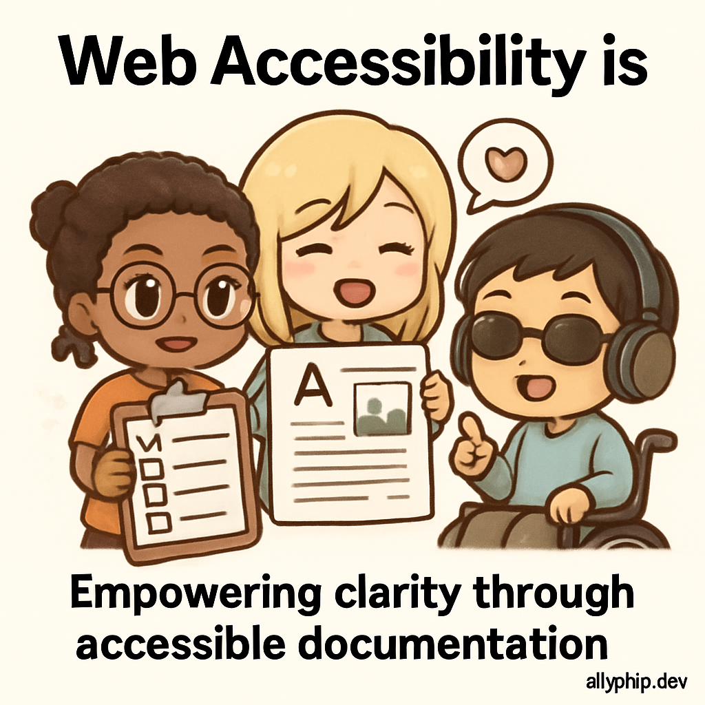 Chibi cartoon characters writing clear, accessible documentation with checklists and magnifying glasses, representing accessibility heuristic evaluation and championing disability rights.