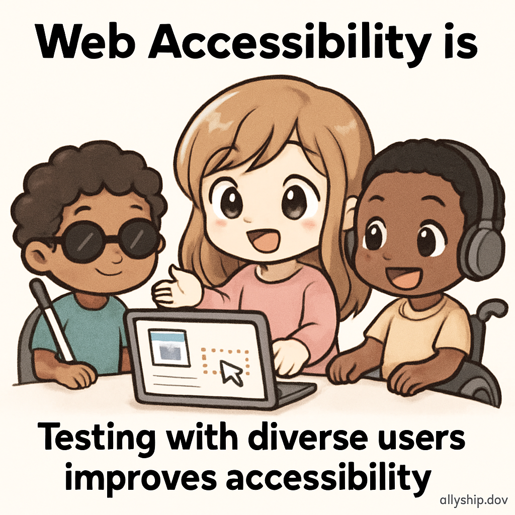 Chibi animators test accessible cartoons with diverse users, each user’s actions lighting up bold focus indicators, illustrating inclusive user testing and accessibility best practices.
