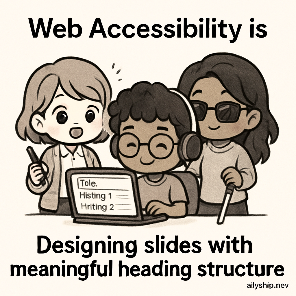 Cute chibi siblings designing slides together, one adjusting headings to ensure screen-reader-friendly structure, visually demonstrating inclusive presentation design.