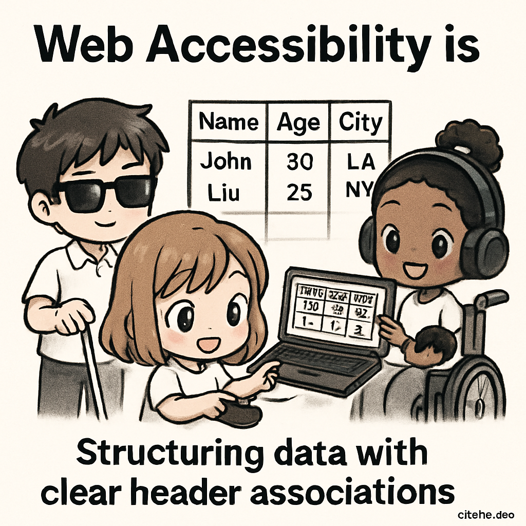 Chibi characters at a concert, each guided by a performer symbolizing table headers. Visual cues show accessible tables and multiple input methods, highlighting clear header associations in a cute, engaging scene.