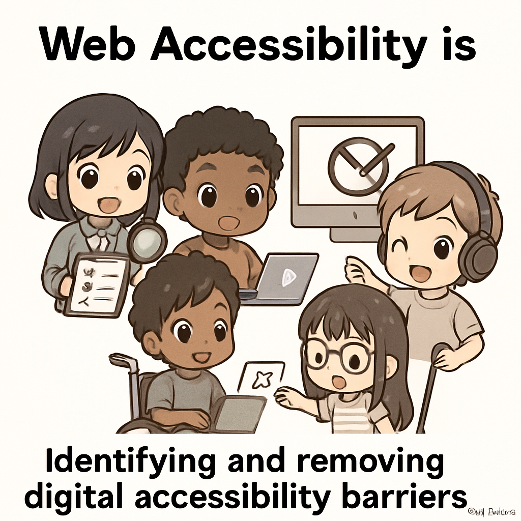 Chibi-style teachers and students joyfully removing digital barriers, illustrating web accessibility auditing and the creation of barrier-free experiences with AllyStudio.dev.