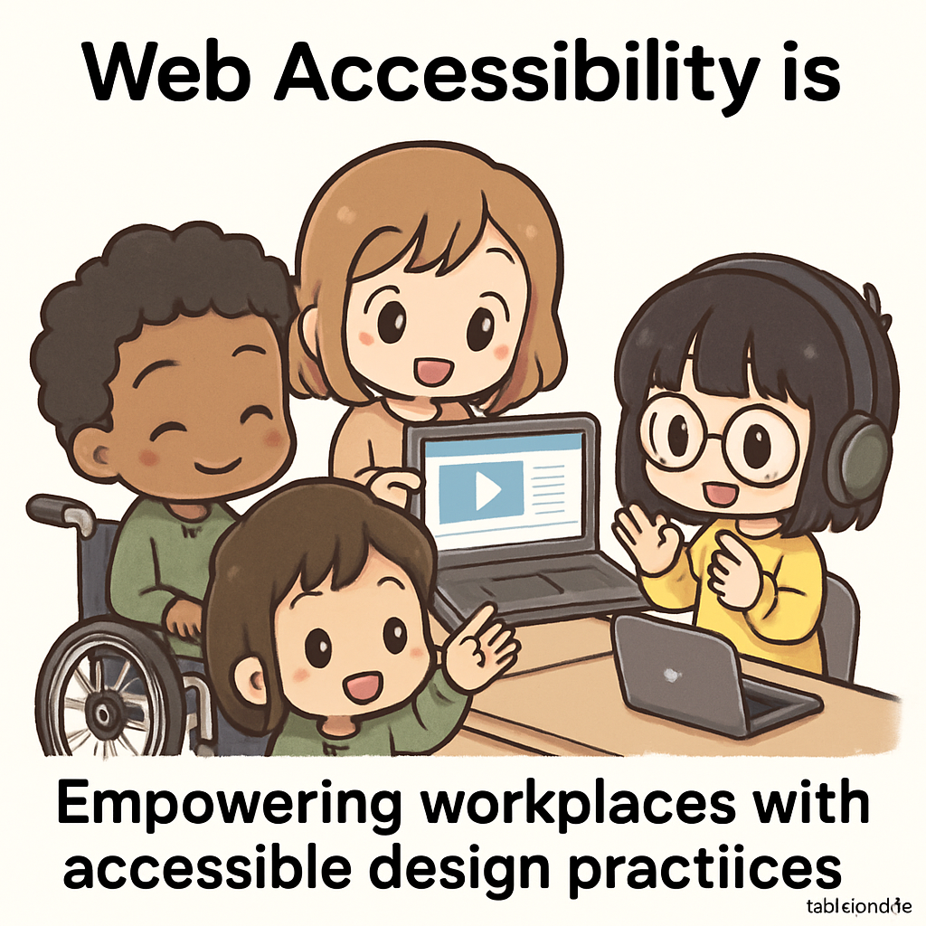 Chibi consultants demonstrate operable web content to diverse coworkers, showcasing disability inclusion and accessible workplace design practices.