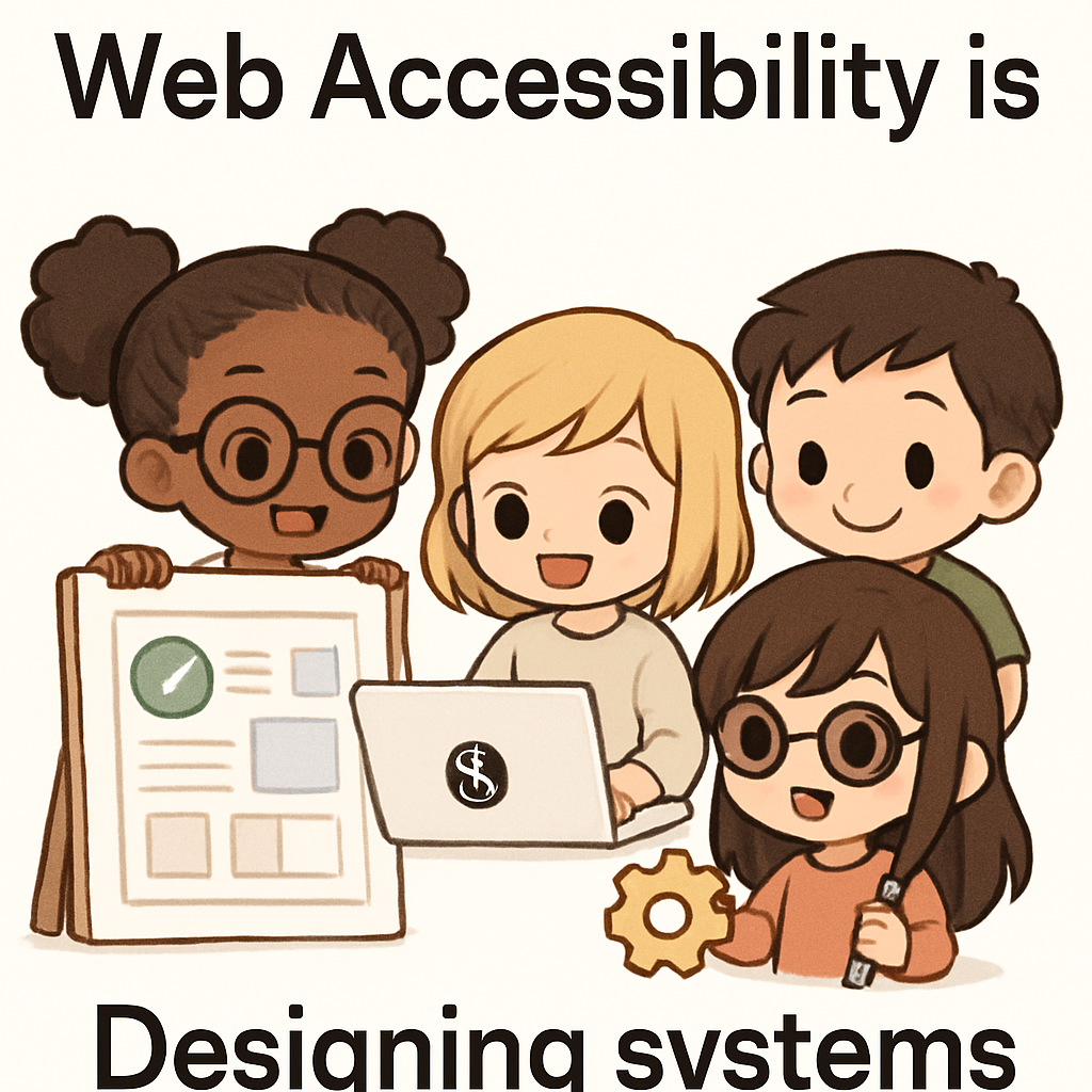 Chibi-style cartoon characters of diverse abilities and backgrounds collaborate, each adding unique blocks to a vibrant, inclusive system, symbolizing accessible design.