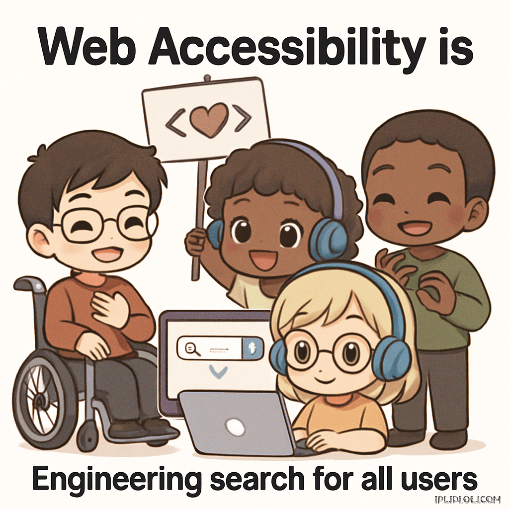 Chibi-style inventors collaboratively building an accessible search bar using assistive tools like screen readers and high contrast palettes, symbolizing inclusive design principles in web accessibility.