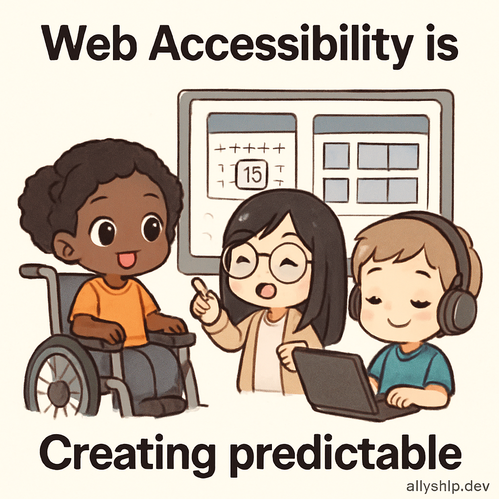 Chibi-style cartoon creators designing accessible date pickers and widgets with consistent layouts, illustrating the importance of predictable navigation for accessibility.