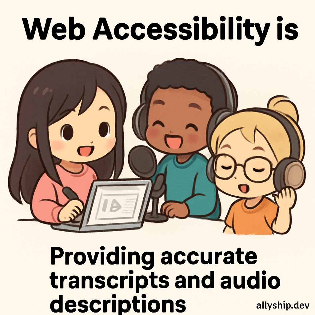 Chibi designers joyfully drafting podcast transcripts and descriptive alt text, symbolizing accessible podcast production with accurate transcripts and audio descriptions.