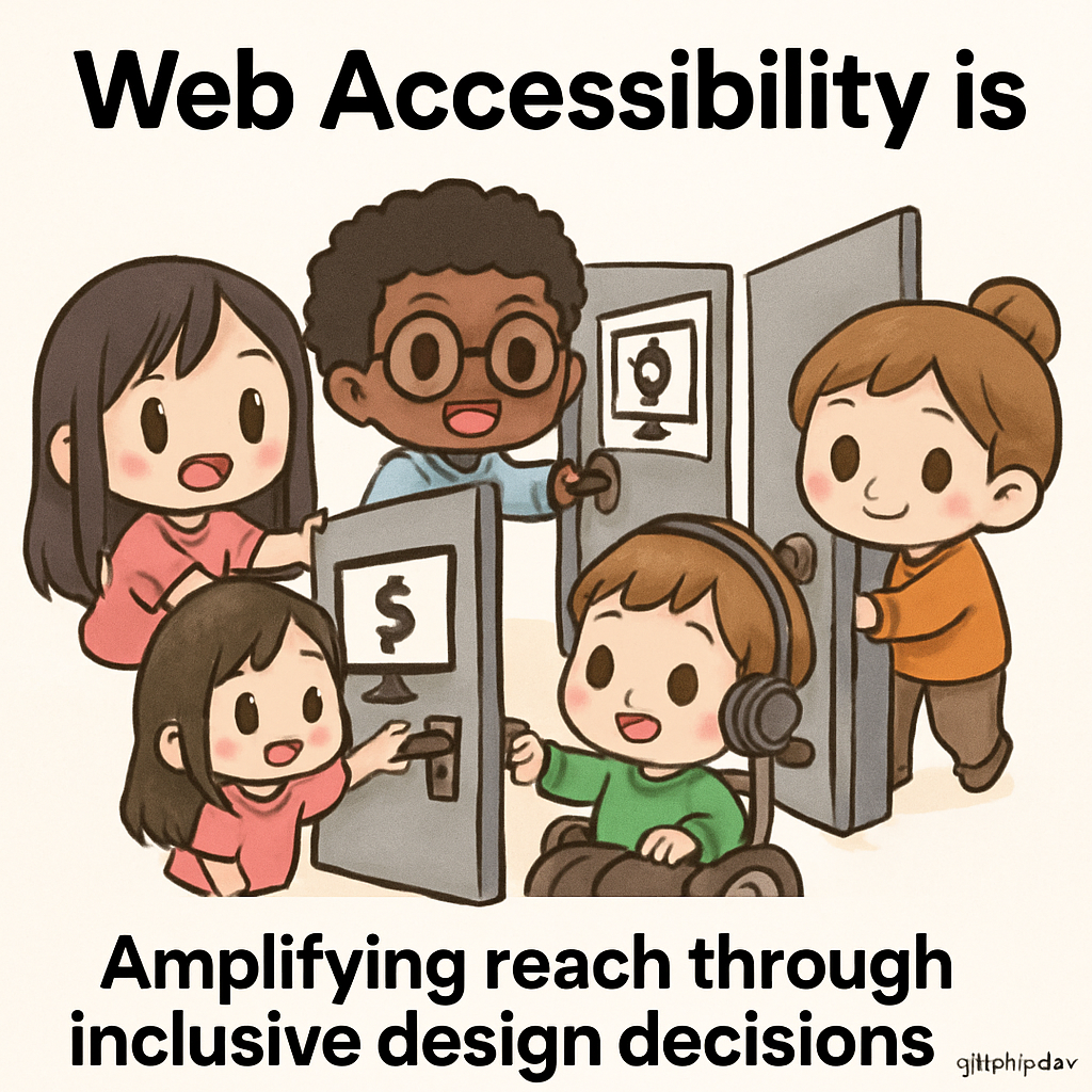 Chibi musicians opening digital doors to a diverse crowd, symbolizing accessible design amplifying reach, with AllyStudio.dev enabling inclusive web experiences.