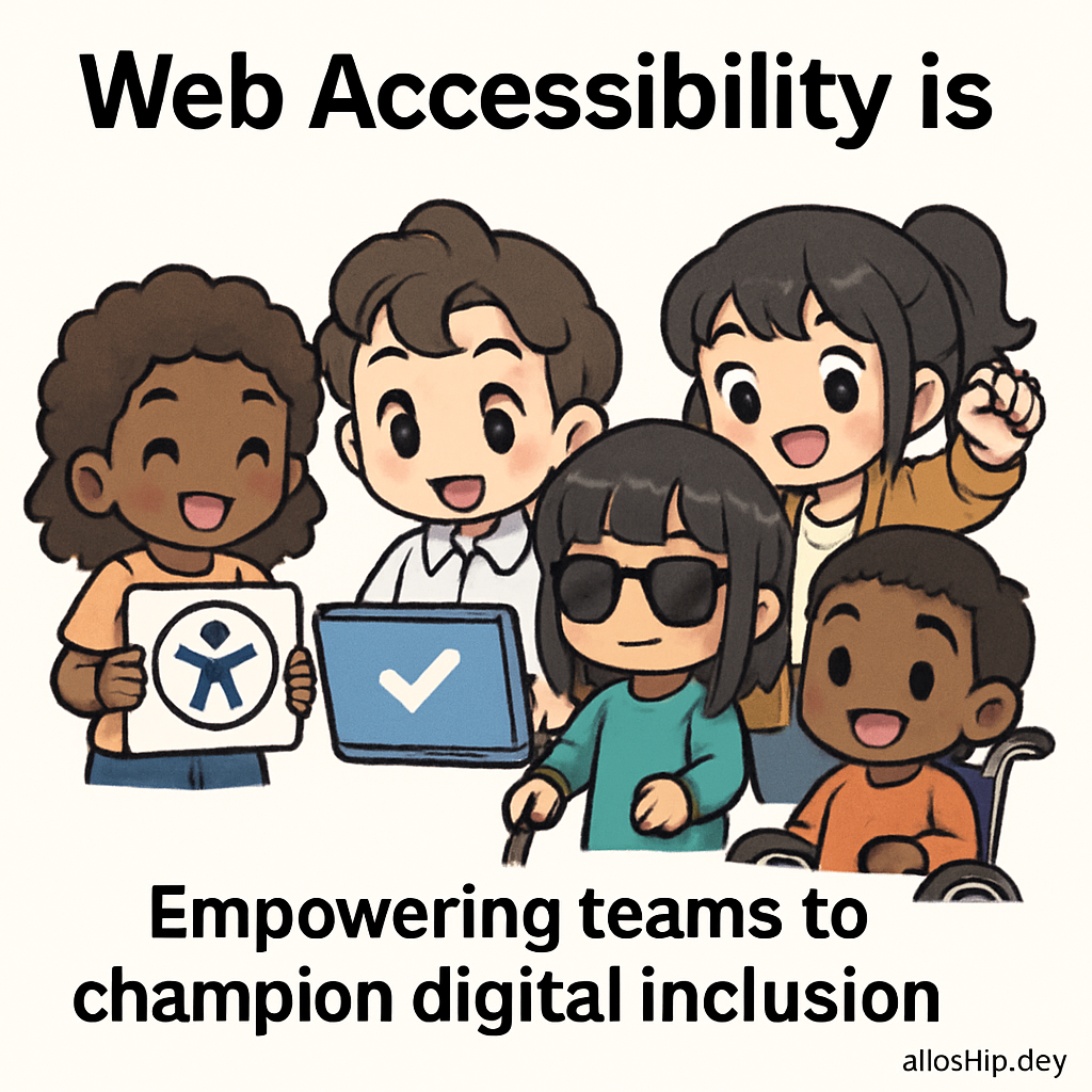 Cartoon of chibi freelancers building accessible web projects, supporting diverse users with disabilities, symbolizing digital inclusion and accessibility principles.