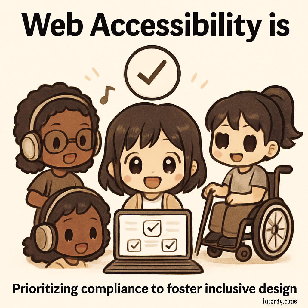 Chibi product managers using AllyStudio.dev to untangle complex website interactions into simple, accessible paths, illustrating accessibility compliance strategies.