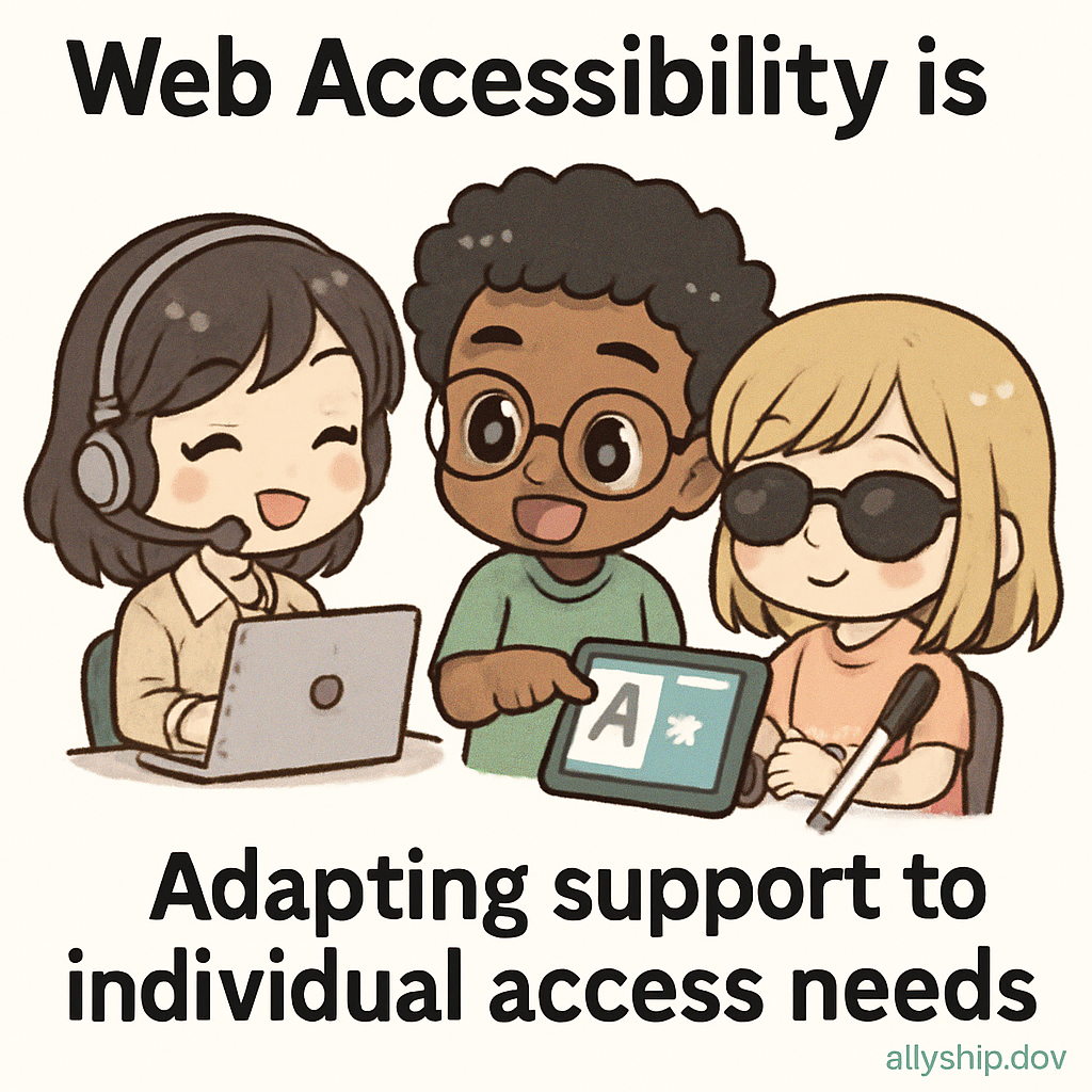 Chibi cartoon artists offering diverse tools to friends, representing flexible customization and accessible customer service, inspired by AllyStudio.dev.