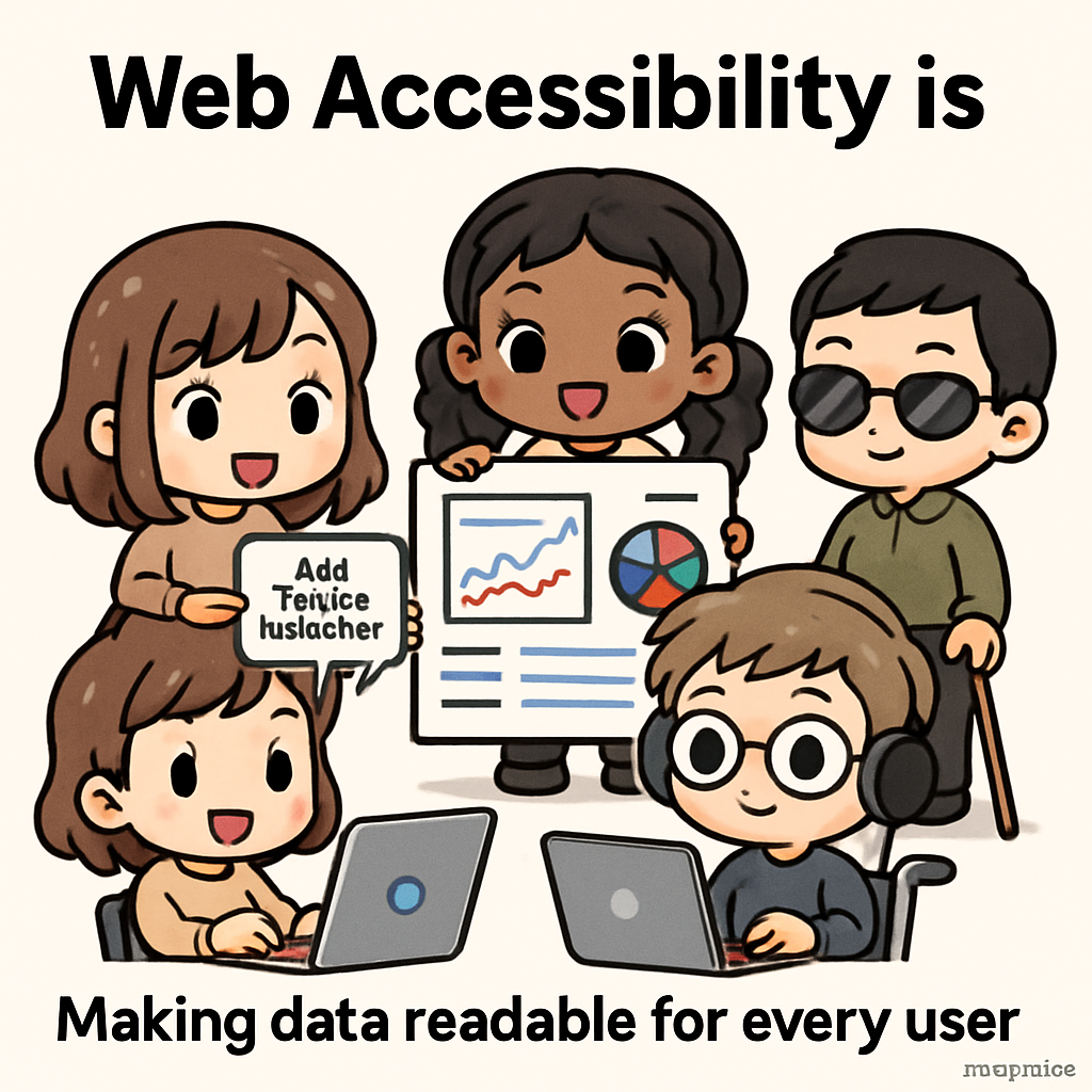 Chibi business leaders use focus indicators on colorful charts, demonstrating accessible data visualization in a cute, engaging style to champion inclusion.