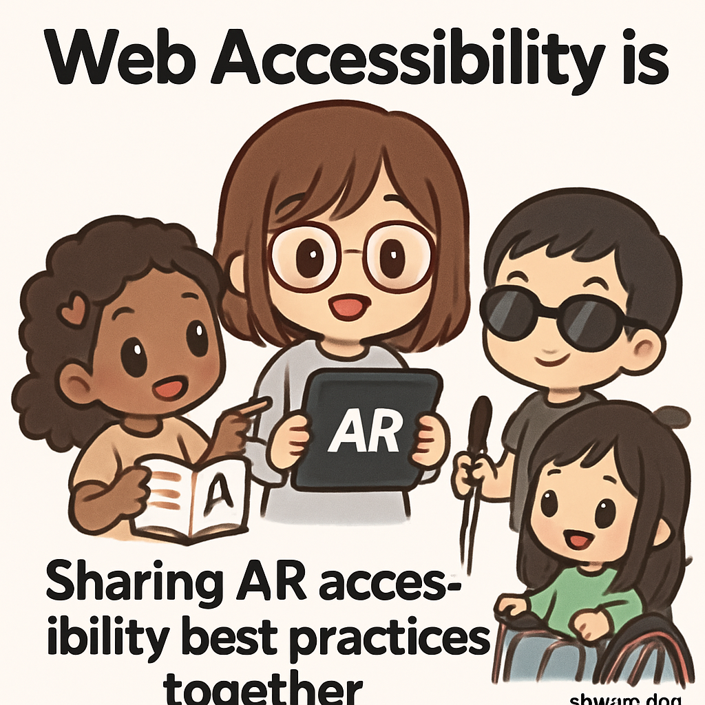 Chibi neighbors sharing AR accessibility tips with each other, demonstrating accessible augmented reality principles and community learning.