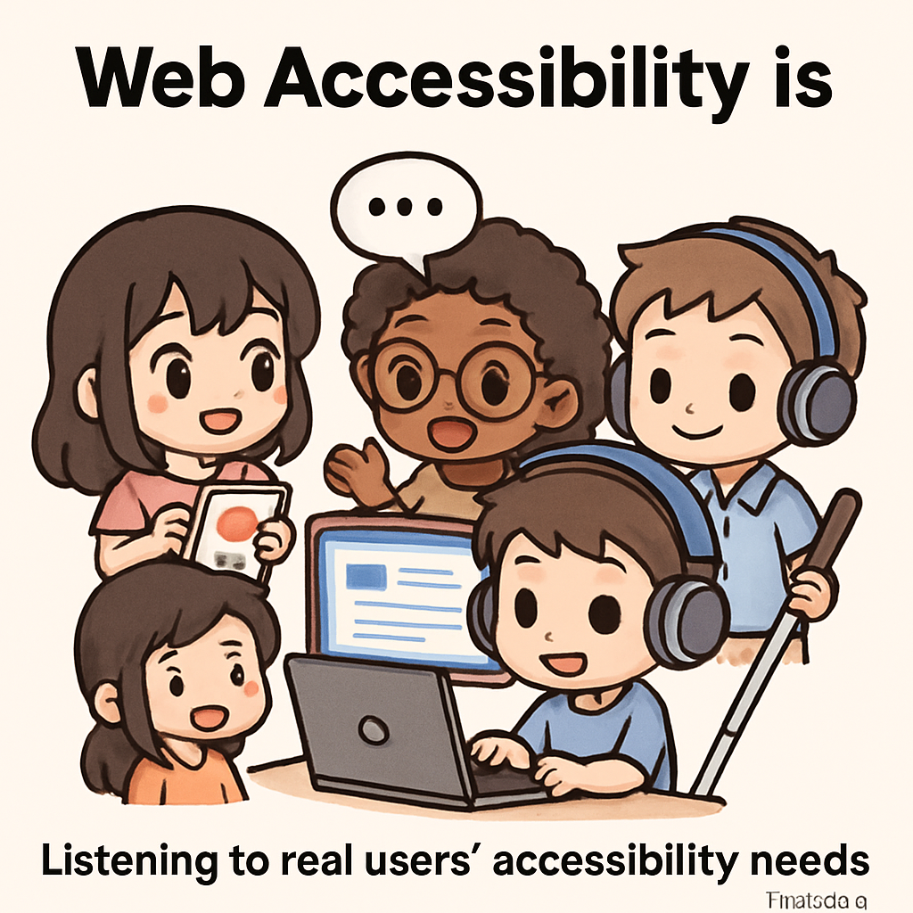 Cute chibi-style cartoon characters using assistive technology like screen readers and magnifiers, sharing accessibility feedback with a design team in a friendly, engaging setting.