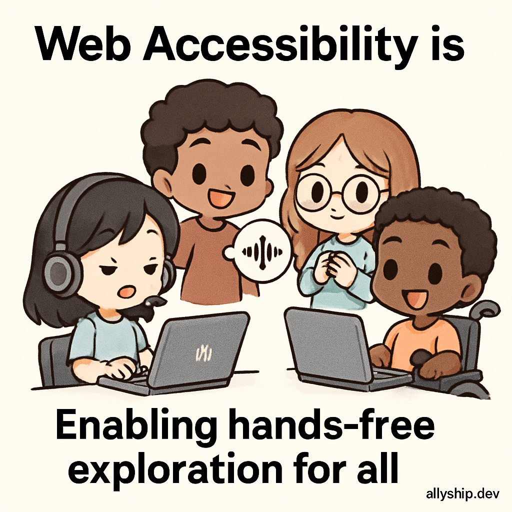 Cute chibi characters in a museum using voice commands to interact with exhibits, illustrating hands-free web accessibility for people with diverse abilities.