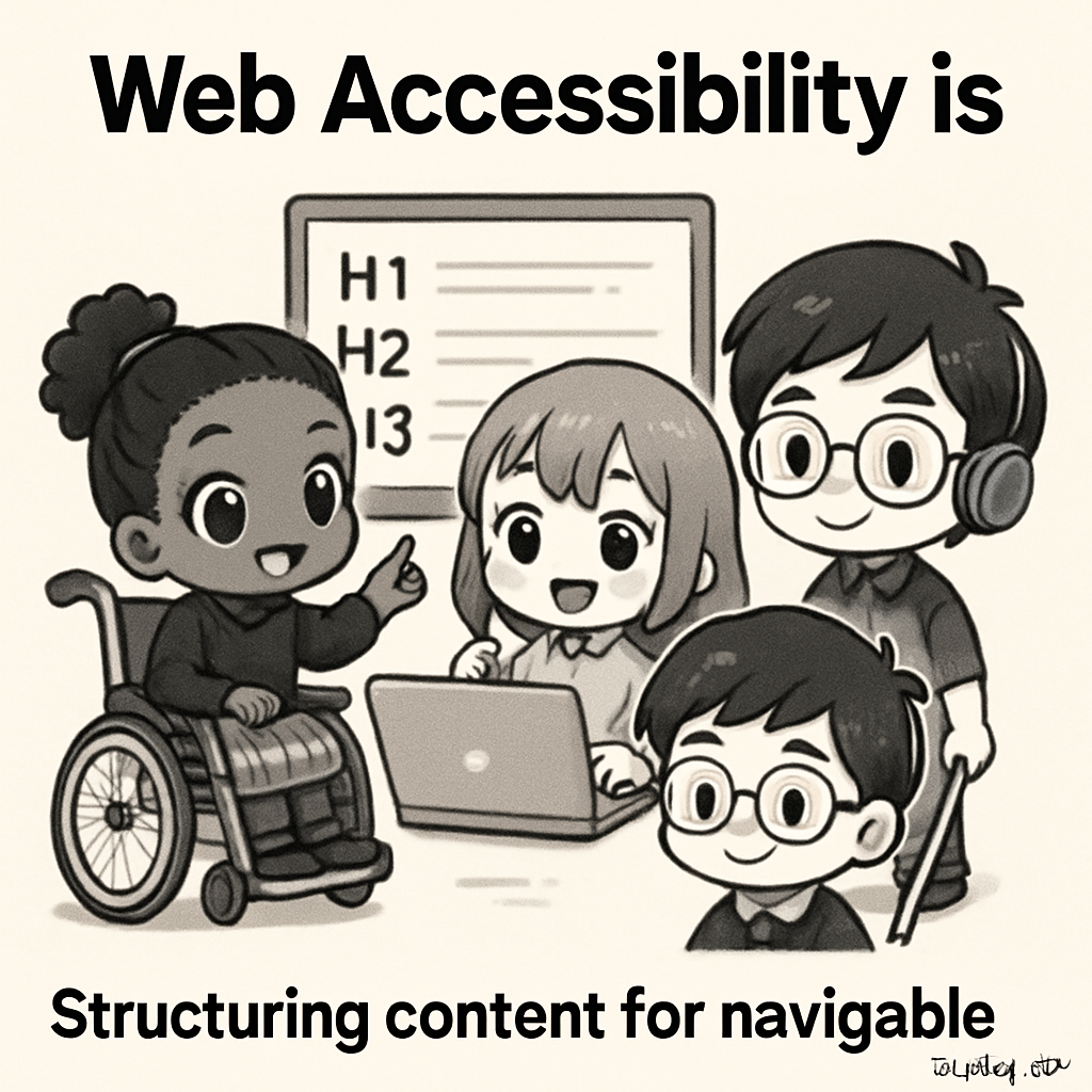 Chibi-style characters organizing an inclusive event, placing signs in order to demonstrate proper heading hierarchy for accessible navigation.