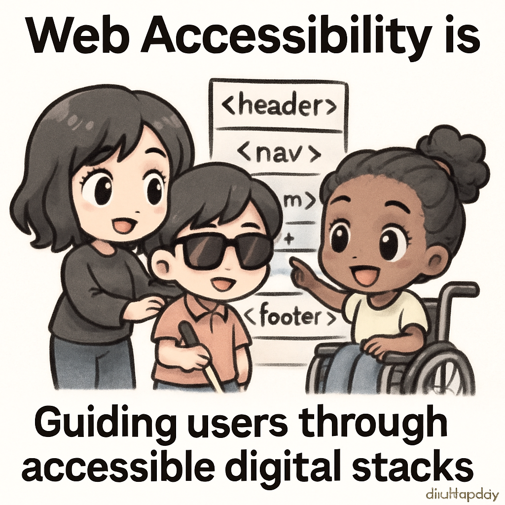 Chibi cartoon characters in a digital library, guiding each other through clearly labeled, accessible stacks, symbolizing mentorship and semantic HTML structure.