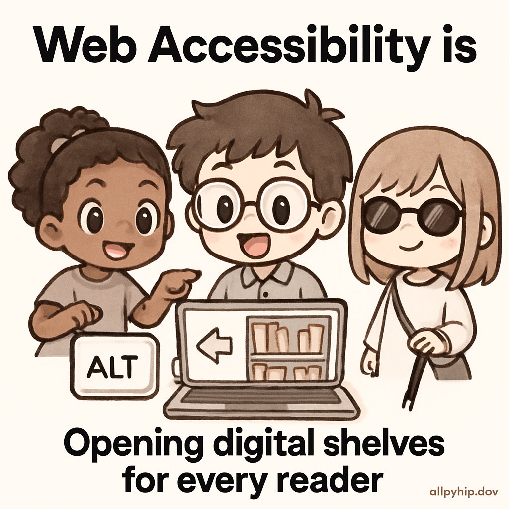 Chibi-style cartoon of workshop leaders teaching keyboard shortcuts in an accessible library, symbolizing inclusivity for all readers.