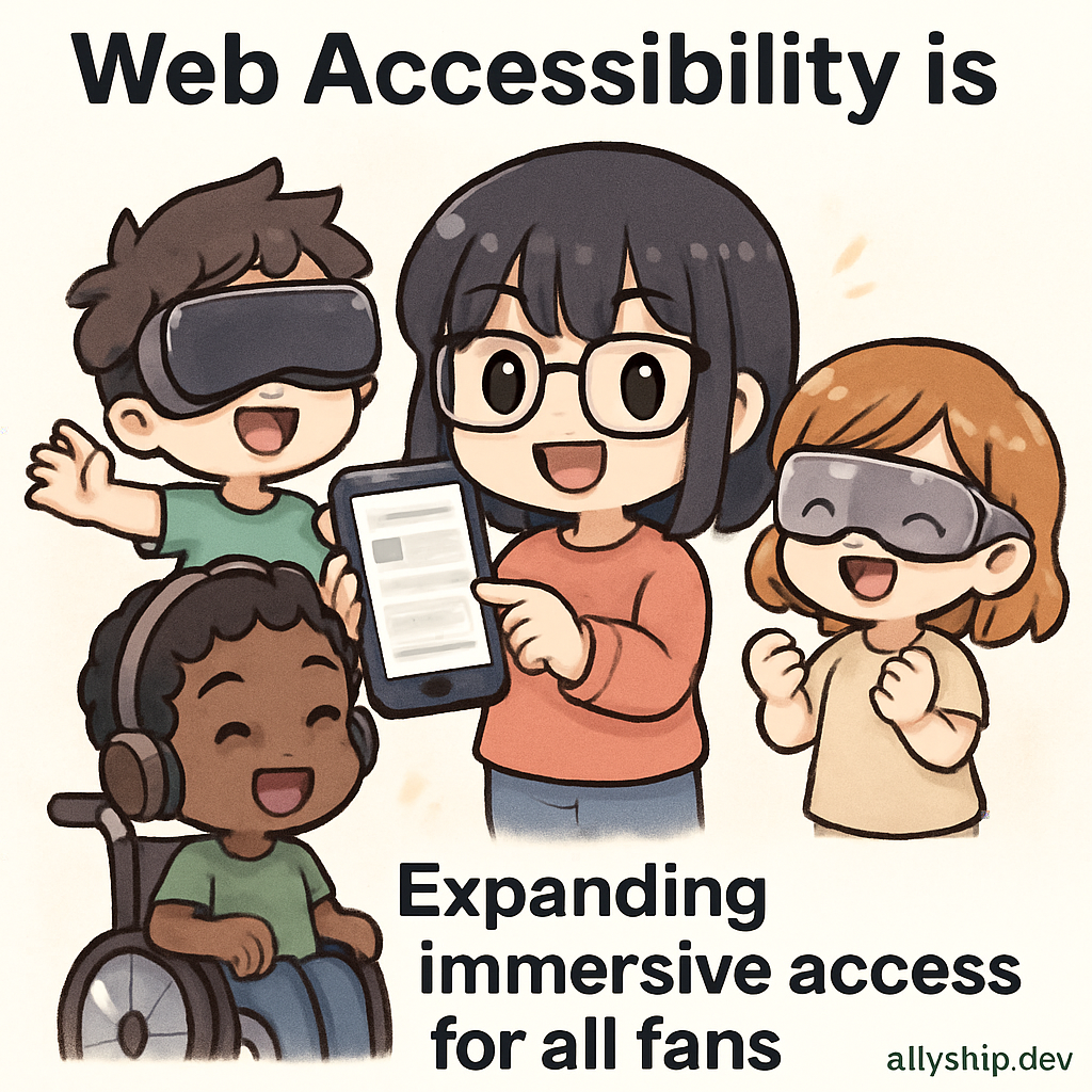 Chibi sports fans enjoying a game with accessible VR headsets, AR overlays, and mobile screen readers, illustrating inclusive and immersive mobile accessibility.