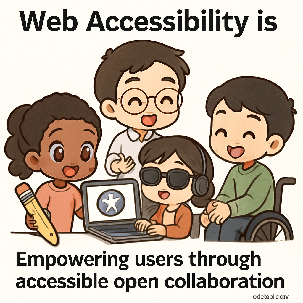 Chibi cartoon characters representing diverse contributors add inclusive features together, symbolizing disability advocacy and building accessible web experiences.