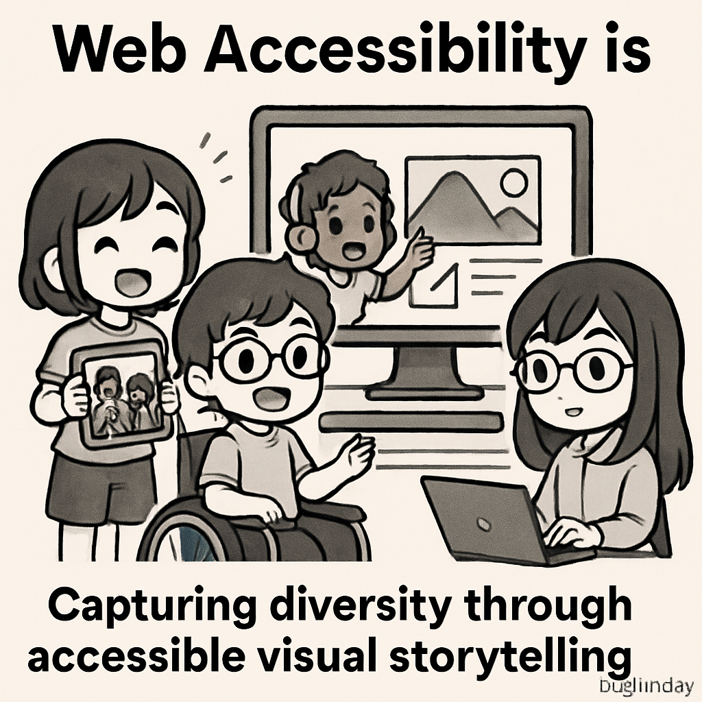 Chibi photographers capturing diverse individuals in a heartwarming scene, symbolizing inclusive, accessible visual storytelling and universal design principles.