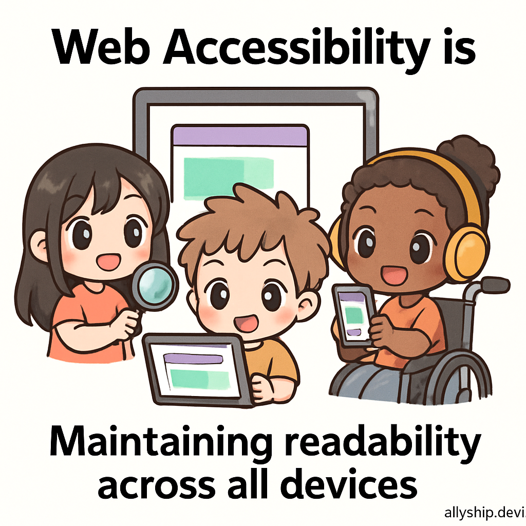 Chibi-style library visitors using laptops, tablets, and smartphones, each device displaying high-contrast, readable content to demonstrate accessible cross-platform design.