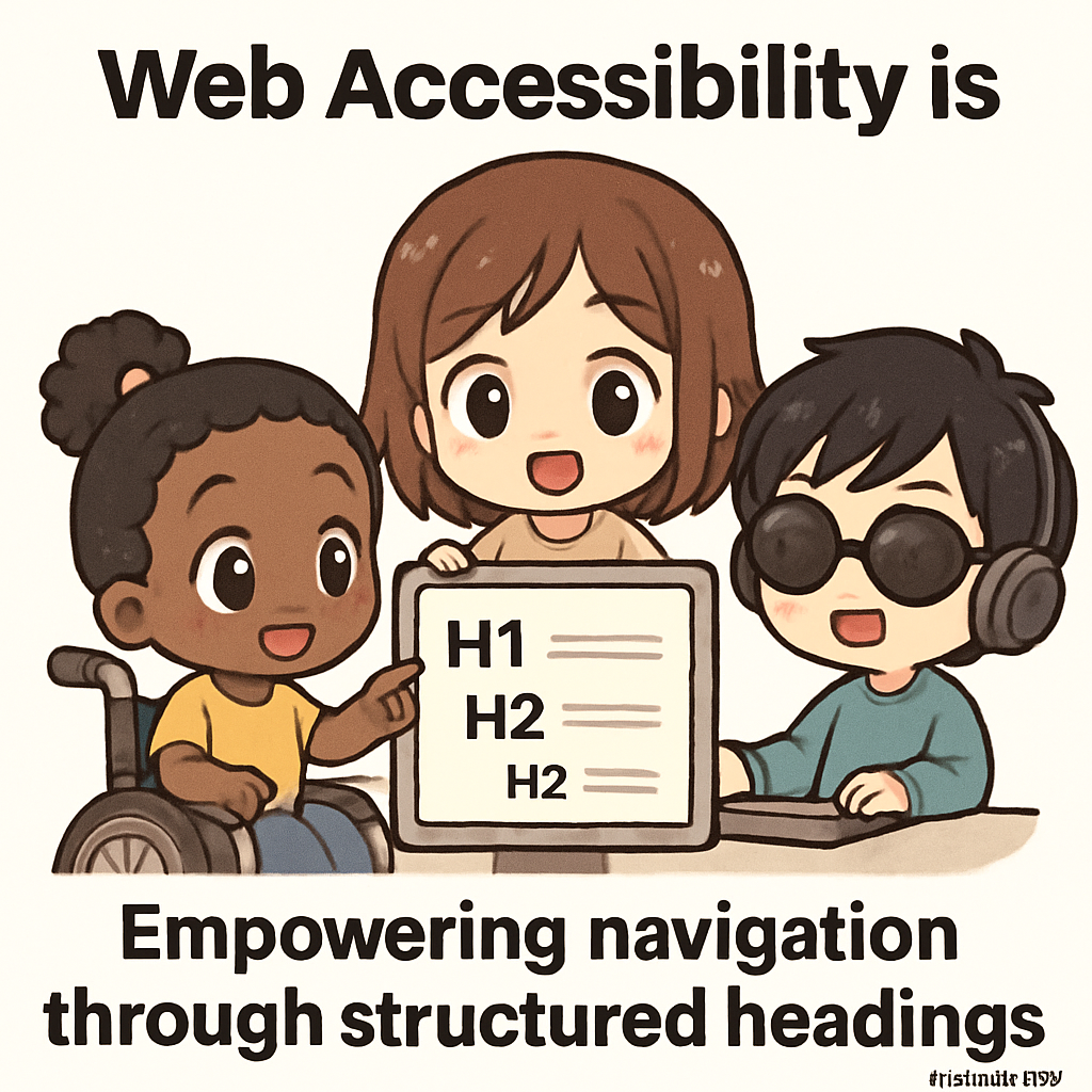 Chibi-style cartoon testers happily navigating a digital landscape using clearly labeled, structured headings, symbolizing accessible design and digital equity.