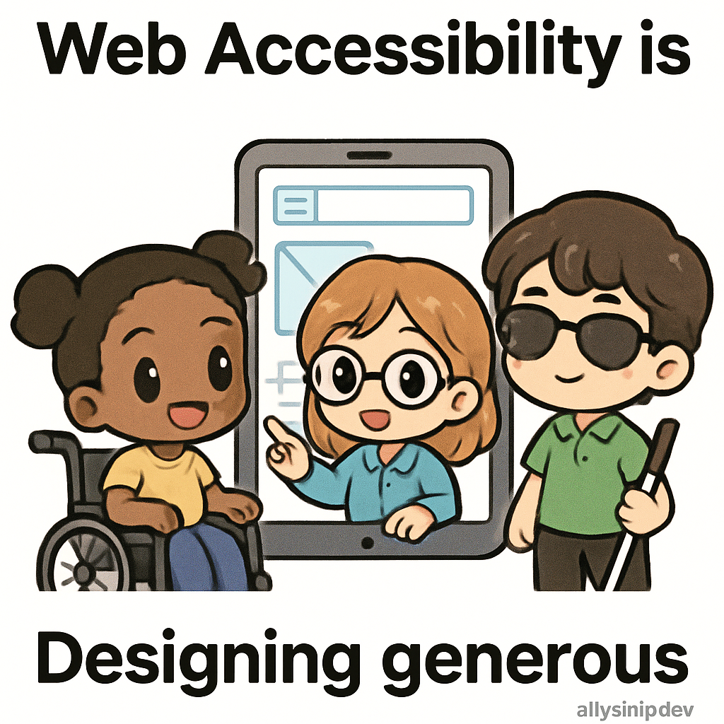 Chibi mentors teaching web accessibility by demonstrating large, well-spaced touch targets and clear navigation in a cute, heartwarming cartoon scene.