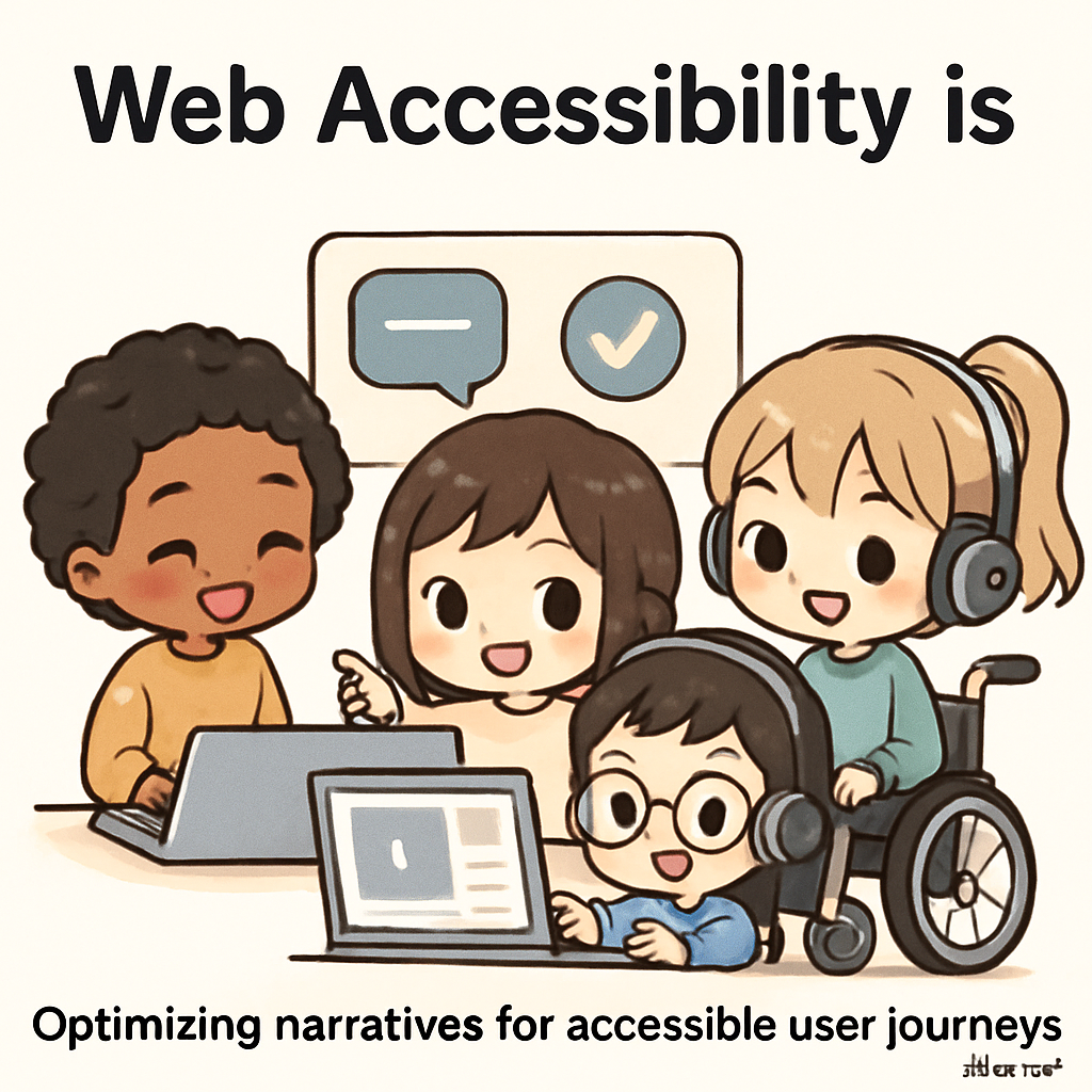 Chibi writers collaboratively crafting inclusive, accessible stories with clear fonts, alt text scrolls, and color contrast palettes, symbolizing accessibility performance optimization and inclusive practices.