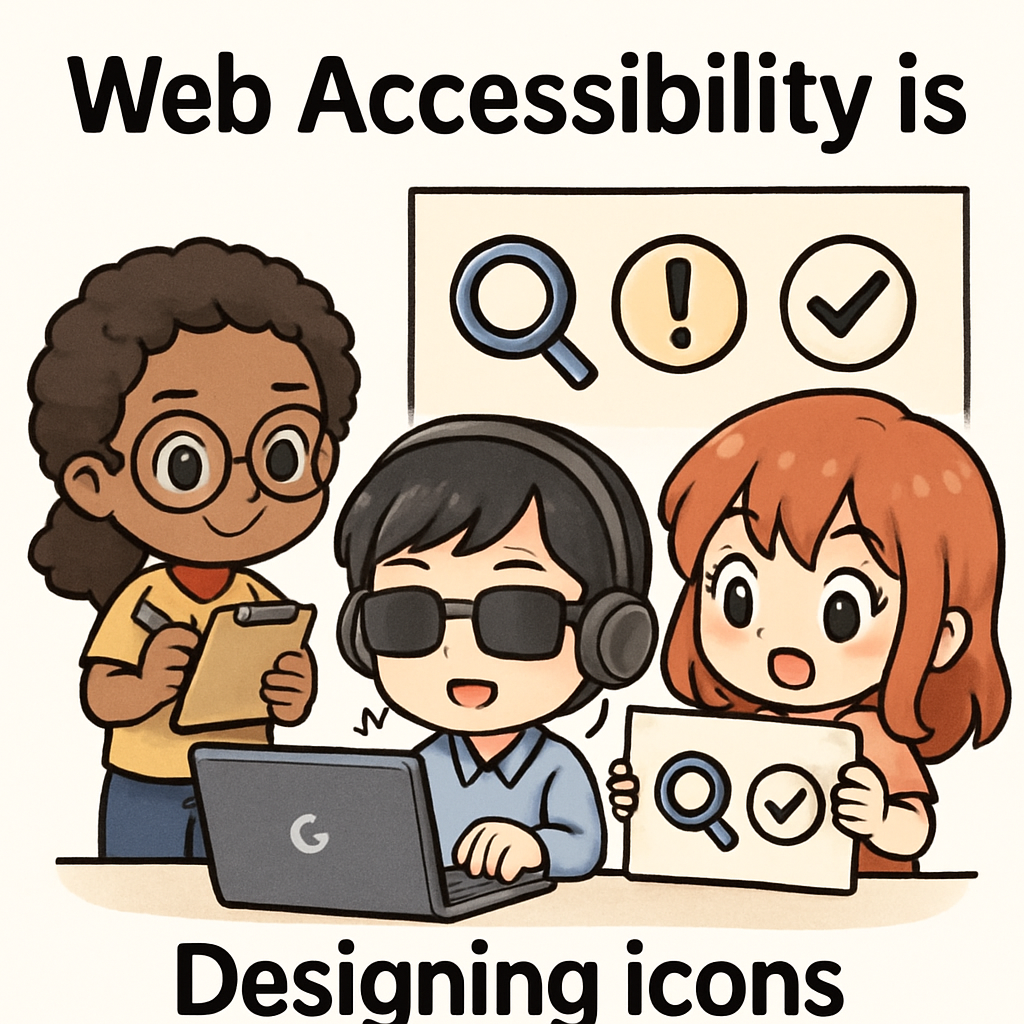Cute chibi-style presenters demonstrate accessible icon design on stage, showing how meaningful icons and clear labels improve screen-reader usability.