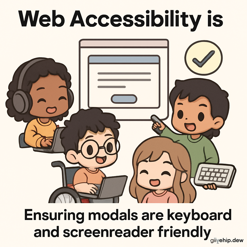 Cute chibi volunteers create accessible modal dialogs, ensuring keyboard and screenreader friendliness using inclusive practices—symbolizing AllyStudio.dev's design solutions.