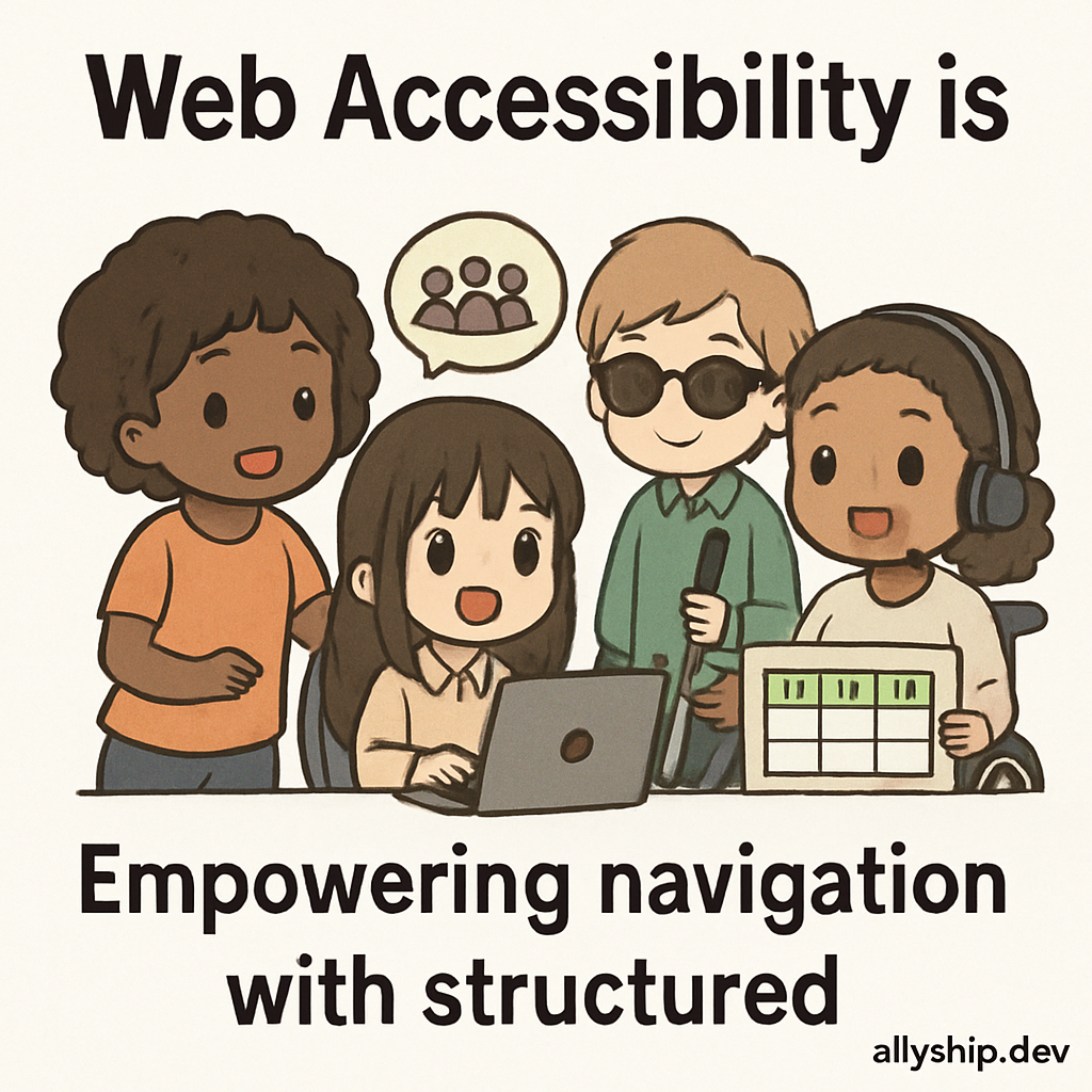 Chibi engineers build a lively, inclusive plaza with accessible tables featuring clear headers, symbolizing community and accessible navigation principles.