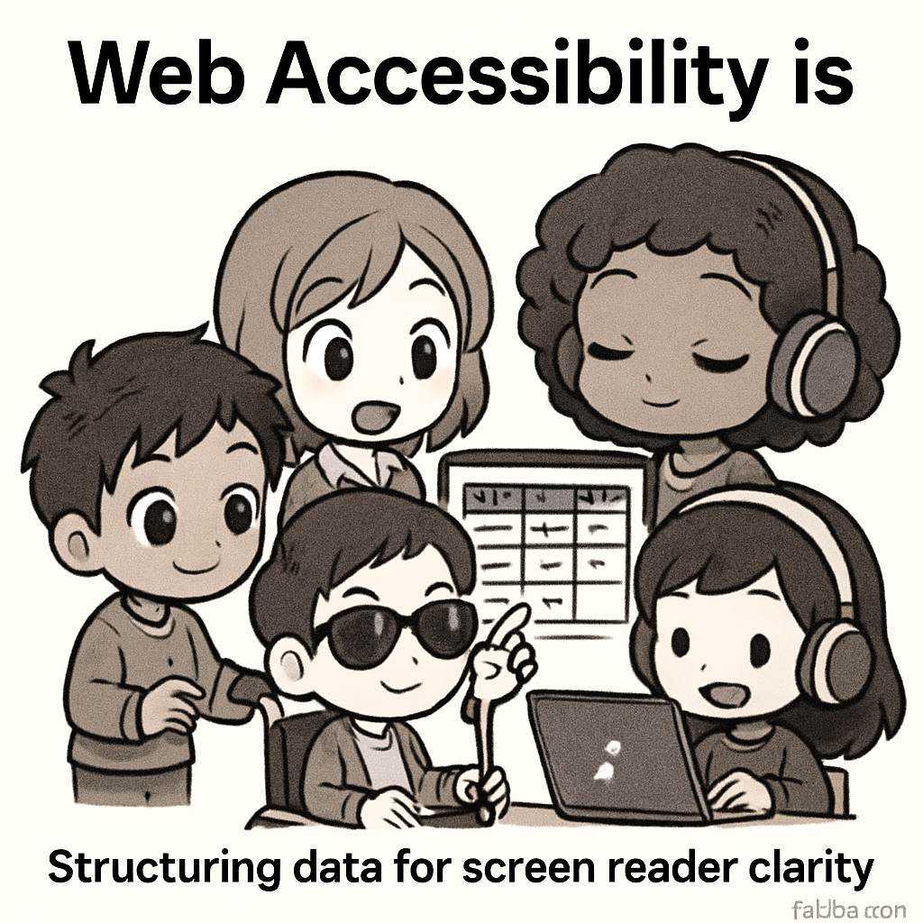 Chibi-style consultants assembling accessible table headers, symbolizing screen reader clarity and digital inclusion, inspired by AllyStudio.dev’s accessibility tools.