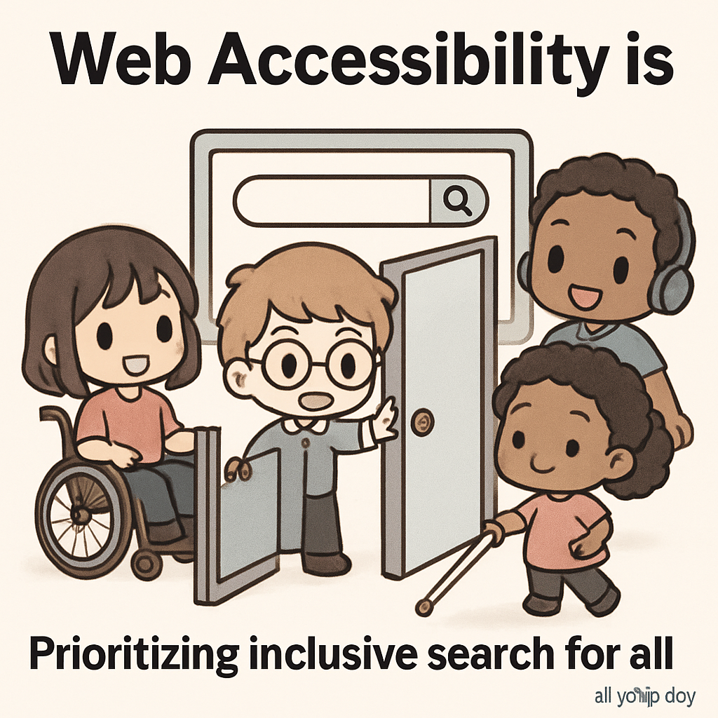Chibi product managers open digital doors, illustrating accessible search functionality and inclusive design, inspired by AllyStudio.dev's accessibility tools.