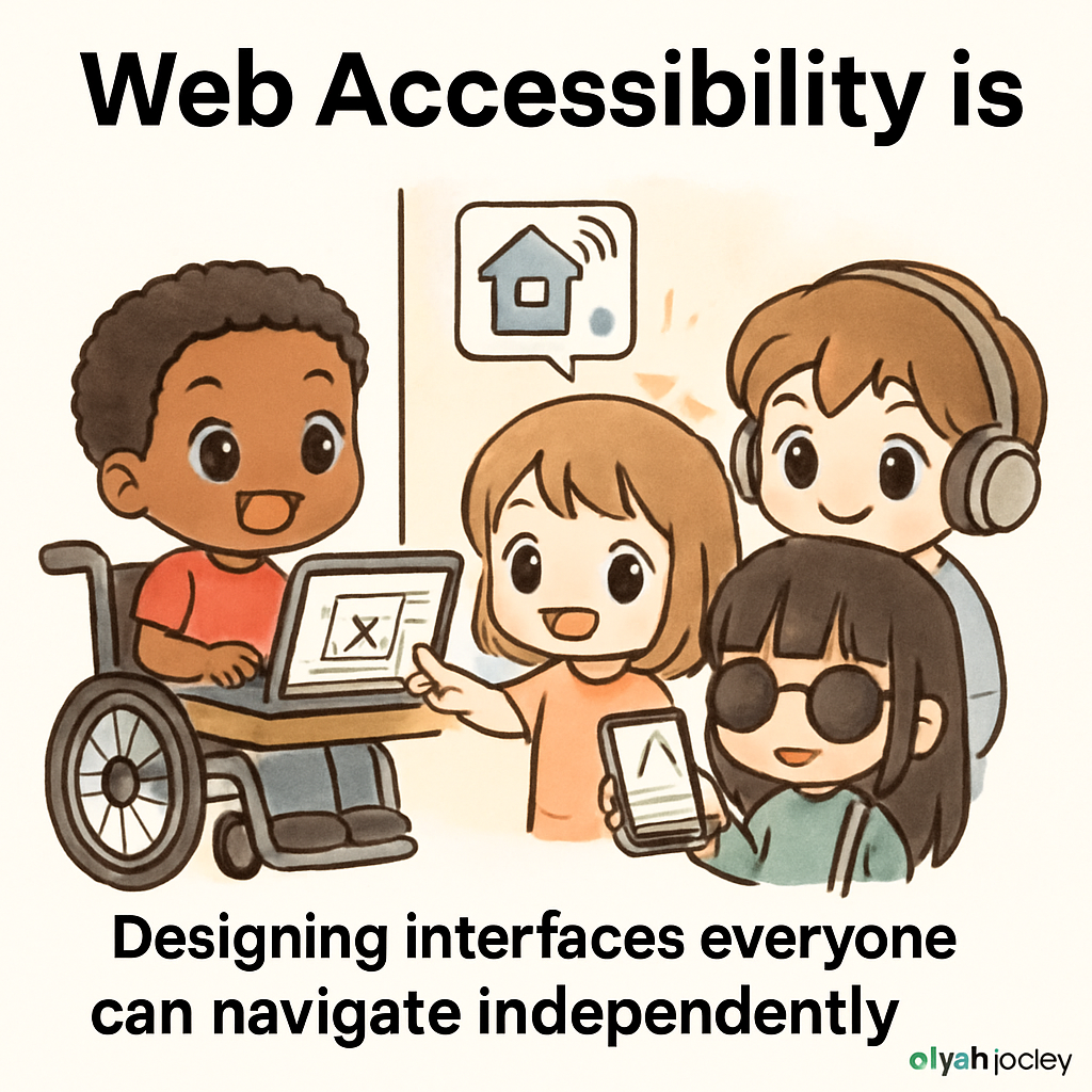 Chibi-style grandparents using an accessible smart home interface with adaptive controls, illustrating inclusive design and independent navigation for all users.