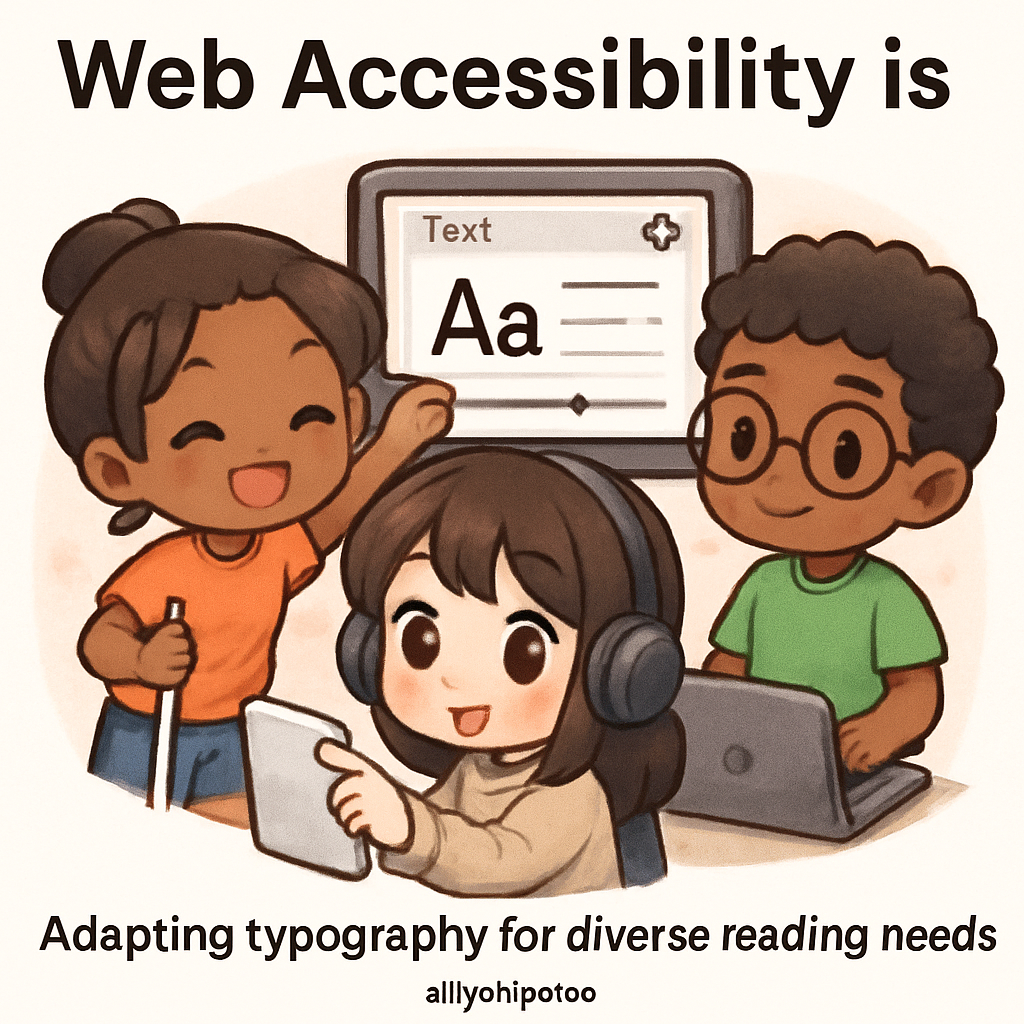 Chibi-style mentors demonstrate accessible typography by customizing font size and style for diverse readers, symbolizing flexible design principles.
