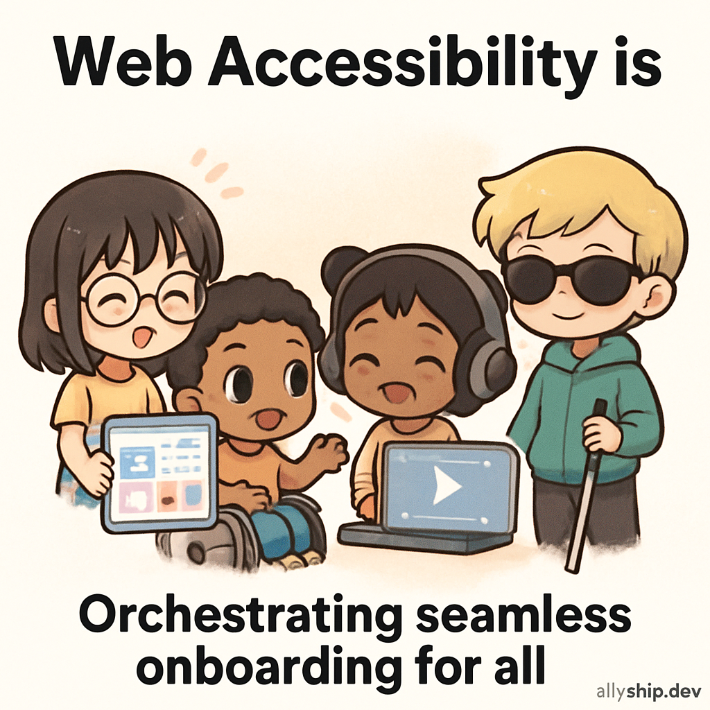 Chibi-style musicians performing together, each using accessible instruments, symbolizing team collaboration to create inclusive, robust onboarding experiences—representing web accessibility principles in a cute, engaging style.