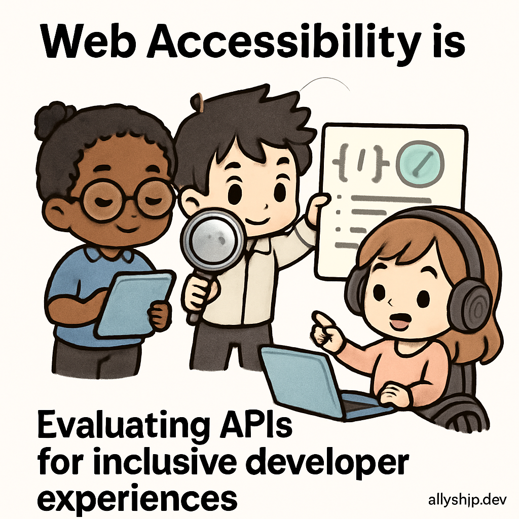 Chibi-style teachers demonstrate accessible API design, inspecting code and compliance checklists, symbolizing auditing for inclusive developer experiences.