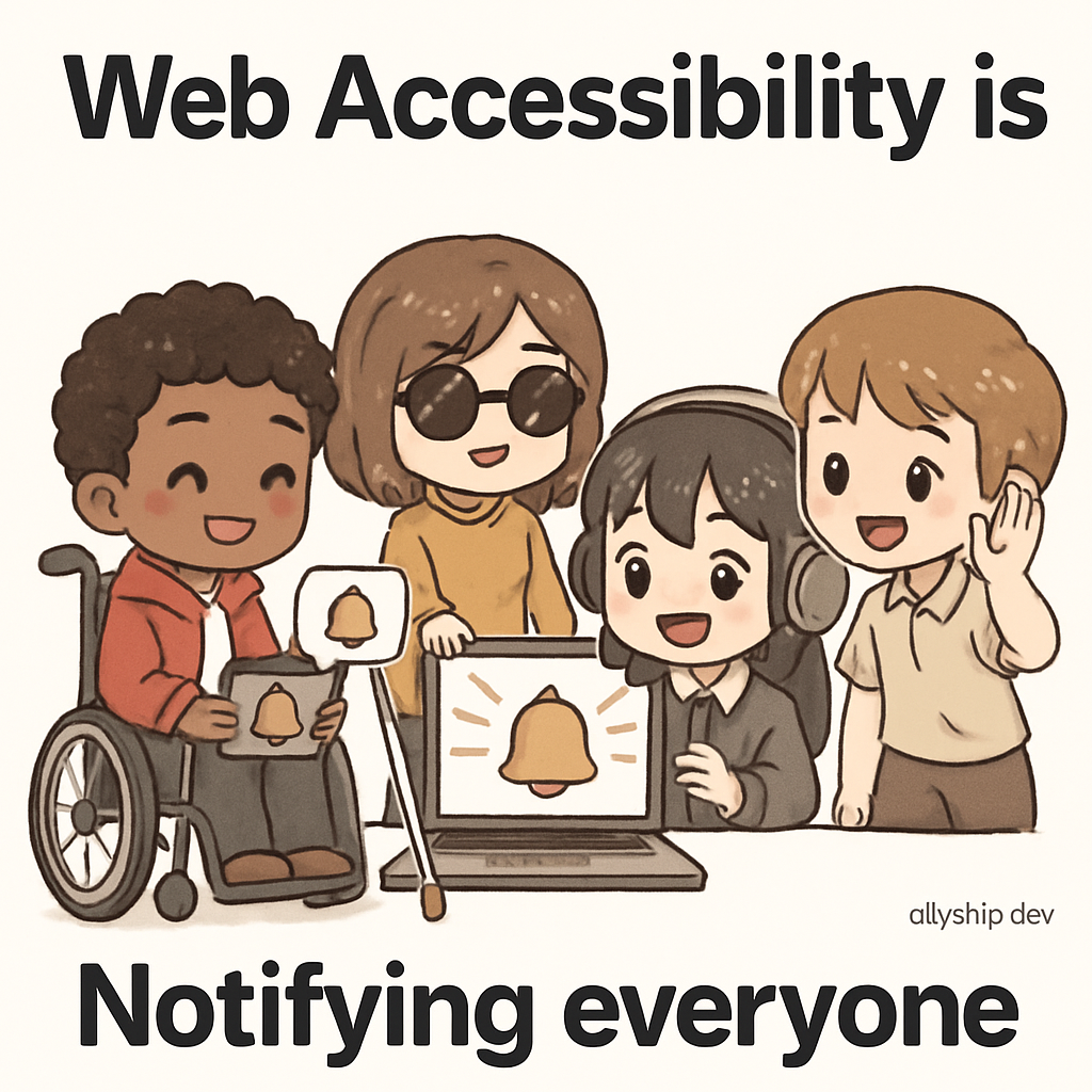 Chibi-style tech reviewers joyfully test a website’s notification system, displaying visual cues, sound, and text to ensure notifications are accessible to users of all abilities.