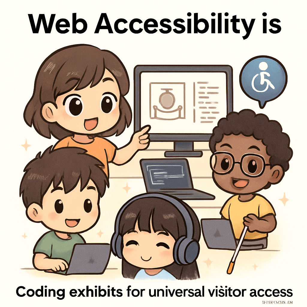 Chibi developers coding accessible museum exhibits, using AllyStudio.dev to ensure universal visitor access, depicted through inclusive design actions.